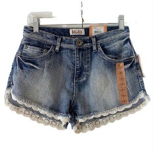 New Mudd High Waist Women Jr Short Shorts Sz 3 Lace Trim Denim Blue Jeans Beach